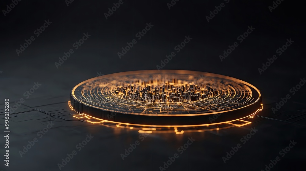 Poster a glowing digital coin with intricate patterns, symbolizing cryptocurrency and blockchain technology