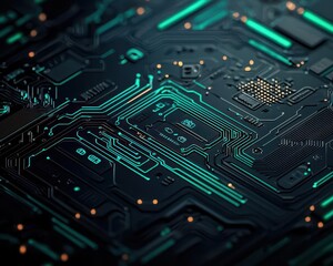 Fototapeta premium Abstract circuitry forming a simple pattern on a matte background, subtle glow from blue and green LEDs, minimal style