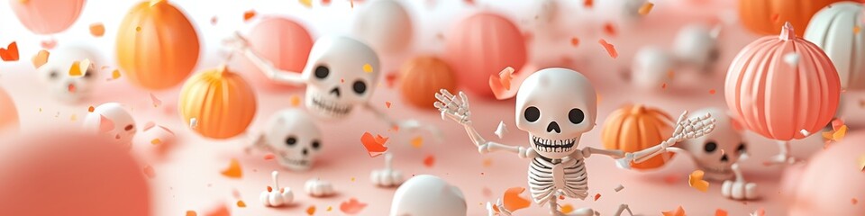 Halloween banner, Halloween party with skeletons dancing, festive colors, 3D illustration