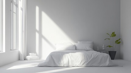 Minimalist bedroom with white bedding, natural light, and stylish plant decor, creating a serene and modern atmosphere.