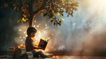 A Child Eagerly Picking Stories to Read from a Tree Made of Books in a Serene Enchanted Landscape