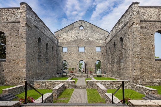 Glengarry, Ontario, Canada - Aug 20, 2023: A fire destroyed all but the outer walls of St. Raphael's Catholic church in 1970, it's now a National Historic Site since 1999.