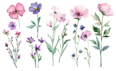 Watercolor wild flower clipart, pink and purple flowers on a white background, in different angles and poses. 