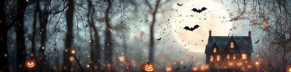 A haunted house with glowing jack-o-lanterns, bats flying across a full moon, dark gothic atmosphere, vintage horror poster style, muted orange and black tones, illustration.