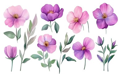 Obraz premium Watercolor wild flower clipart, pink and purple flowers on a white background, in different angles and poses. 