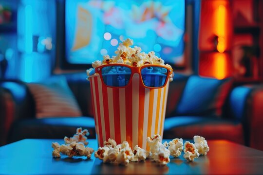Close-up of a bowl of popcorn with a screen in the background. Cozy evening watching a movie or TV series.