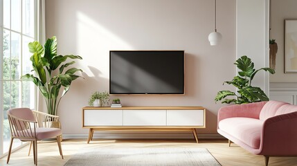 Modern living room with stylish furniture, plant decor, and ample natural light creating a cozy atmosphere.