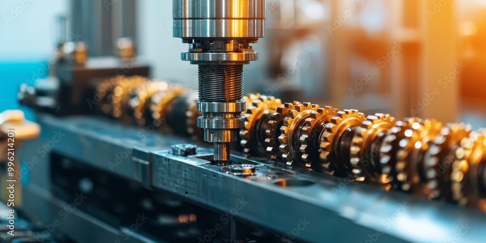 Poster a close-up of a precision machine tool working on gears in a manufacturing setting, showcasing advan