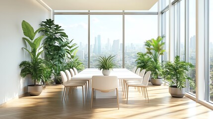 Stylish modern office meeting room featuring large windows and lush plants, providing a bright and inviting workspace.