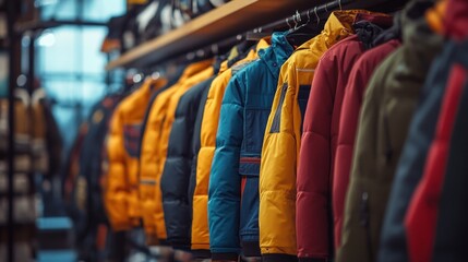 Obraz premium Colorful winter jackets hanging on a rack in a retail store.