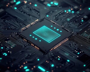 Fototapeta premium Abstract circuitry forming a simple pattern on a matte background, subtle glow from blue and green LEDs, minimal style