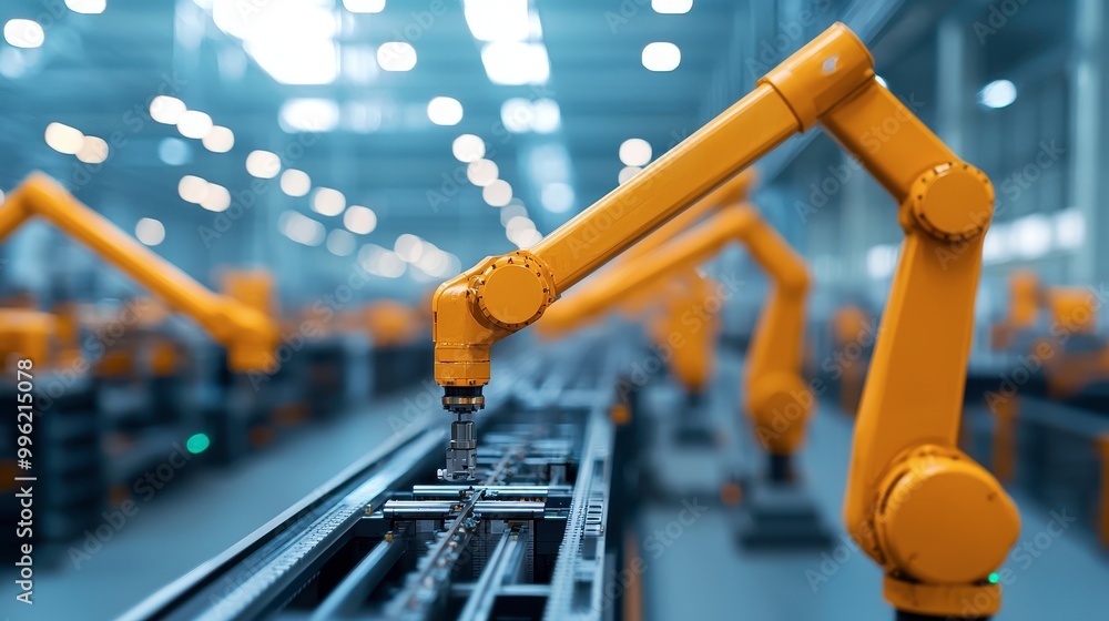 Poster a robotic arm operates in a modern factory, showcasing automation and advanced manufacturing technol