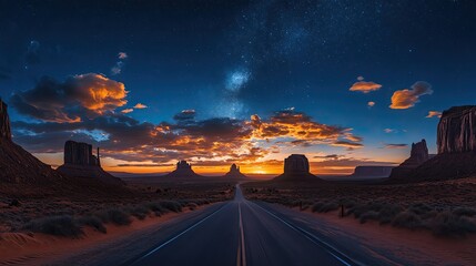 Breathtaking desert landscape at sunset featuring dramatic rock formations and a starry sky, perfect for travel and nature themes.