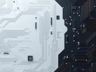 Abstract circuit board pattern forming geometric shapes, minimalistic black and white design, tech-inspired