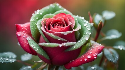 A single red rose with green tips, covered in morning dew, stands out against a blurry background.