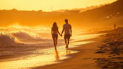 Young Couple Walking Hand in Hand on Sandy Beach