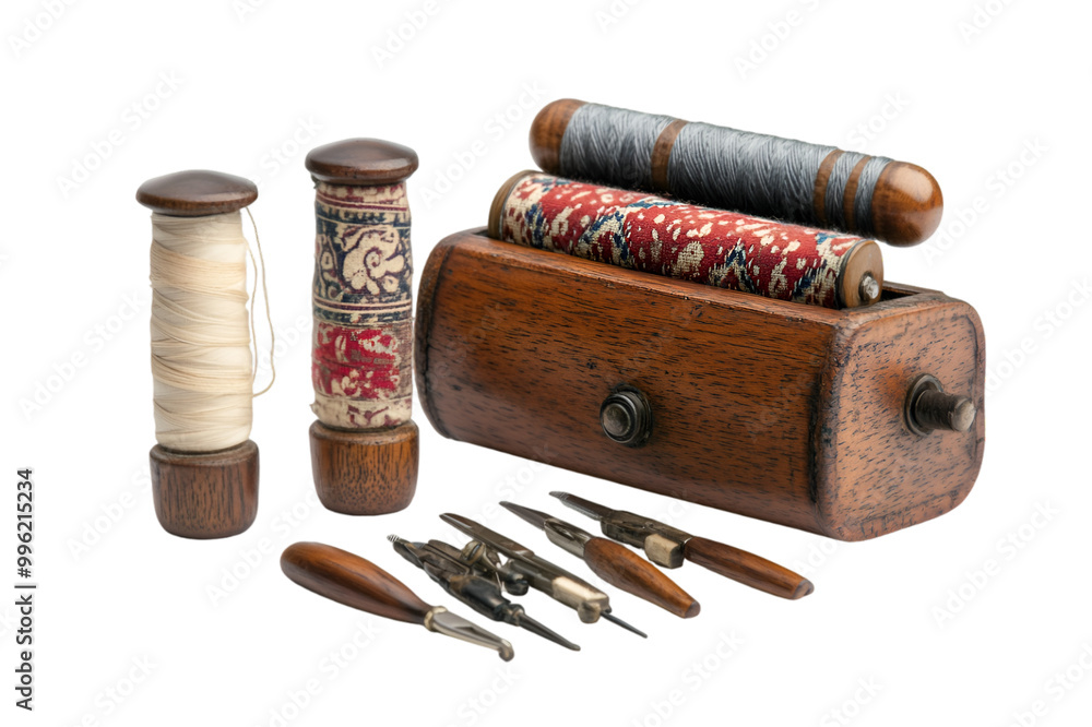 Poster a wooden box with spools of thread and scissors.