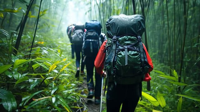 A group of adventurers is navigating a dense bamboo forest in Asia, using machetes to clear the path and uncovering hidden natural wonders.