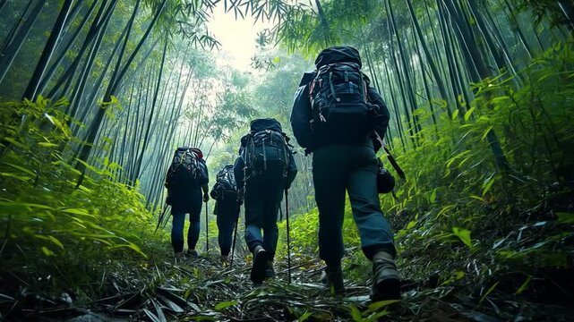 A group of adventurers is navigating a dense bamboo forest in Asia, using machetes to clear the path and uncovering hidden natural wonders.
