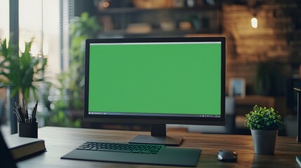A modern workspace featuring a computer monitor with a green screen.