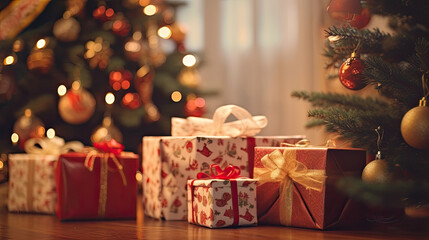 Christmas gifts at the foot of a Christmas tree or a Christmas fir tree
