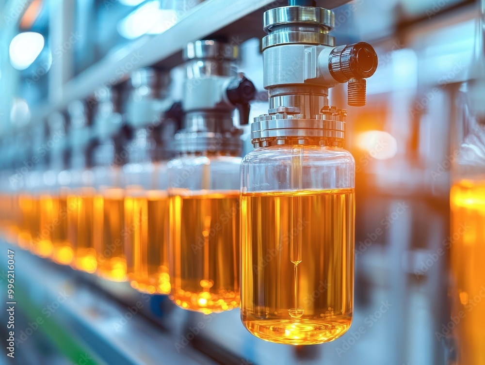 Poster a close-up view of a production line showcasing bottles of amber liquid, highlighting processes in a