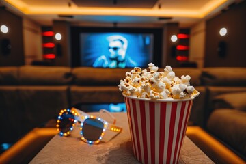 Close-up of a bowl of popcorn with a screen in the background. Cozy evening watching a movie or TV series.