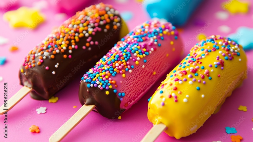 Wall mural Three colorful popsicles with sprinkles on a pink background.