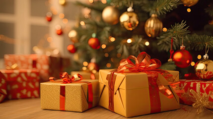 Christmas gifts at the foot of a Christmas tree or a Christmas fir tree