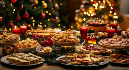 Naklejka premium Christmas Dinner table full of dishes with food and snacks