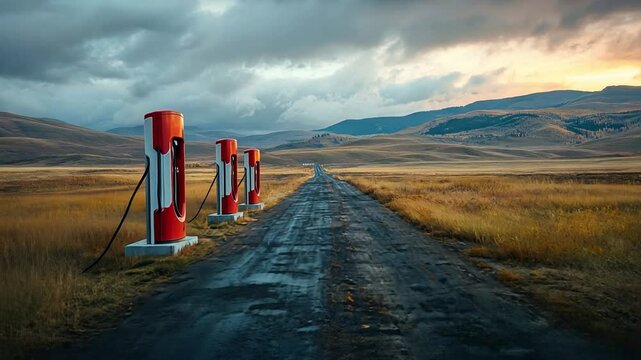 An animated scene of an electric vehicle charging station row along a rural road demonstrates how green technology is being adopted in remote places.