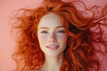 Naklejka premium Woman Running Fingers Through Wavy Red Hair Against Pastel Pink Background