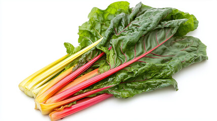 A vibrant bunch of Swiss chard with colorful stems (yellow, red, orange) and large green leaves on a white background