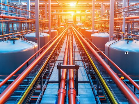 A vibrant industrial scene featuring rows of pipelines and storage tanks, illuminated by warm light, showcasing energy infrastructure.
