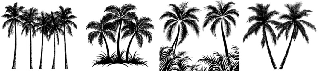 Set of black palm trees isolated on a white background as an icon or logo