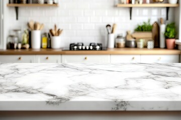 White marble texture table top on blurred kitchen background for montage or display your products with generative ai