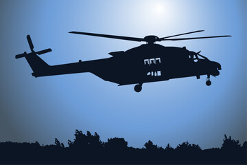 Silhouette of a combat helicopter, side view, nh 90 in french army, vector drawing can be used for web, sticker, patch, logo, illustration and infographic © Reflexpixel