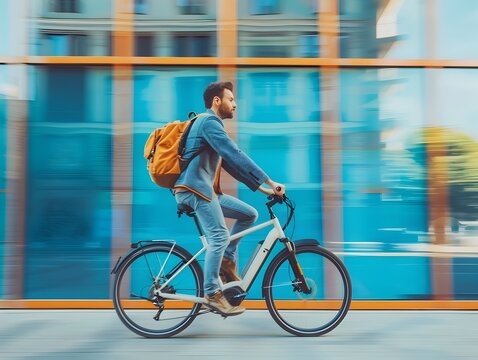 Businessman Commuting on Electric Bicycle in the City Promoting Eco Friendly Transportation - Powered by Adobe