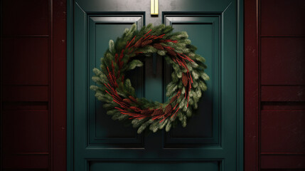 Christmas wreath with Christmas ornaments on a maroon door