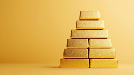 A pyramid of shiny gold bars against a warm yellow background, symbolizing wealth, prosperity, and luxury.