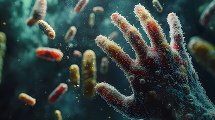 Fototapeta premium A close-up of a hand reaching into a swirling mass of colorful microorganisms.