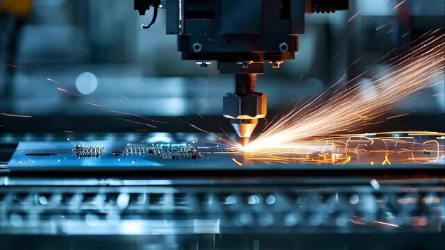 A laser cutting machine in action, processing metal and producing sparks.