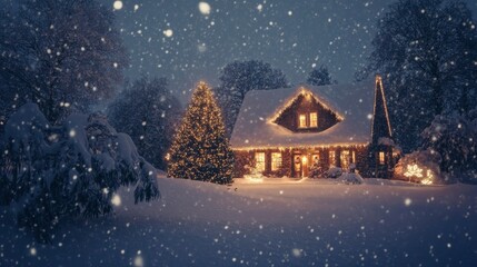 Naklejka premium Christmas lights twinkling on a snow-covered house as the evening sky darkens and snowflakes begin to fall.