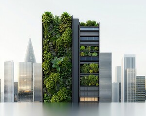 Vertical gardens and solar panels covering sleek skyscrapers in a futuristic city, glowing softly, eco-friendly design, modern and sustainable