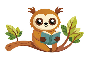 Cute Sloth Reading Book On Branch Tree Cartoon Vector Icon Illustration X.eps