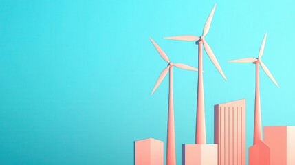 Energy-efficient skyscrapers with wind turbines built into the facades, glowing in soft blue light, futuristic city, sustainable and modern