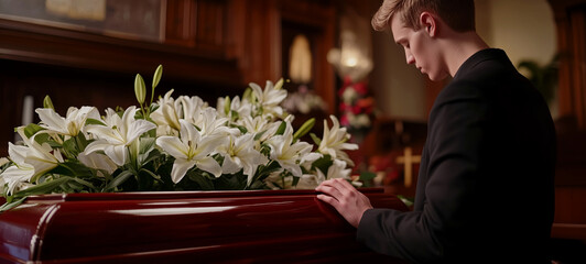A young man in a black suit is praying next to the casket adorned with white lilies