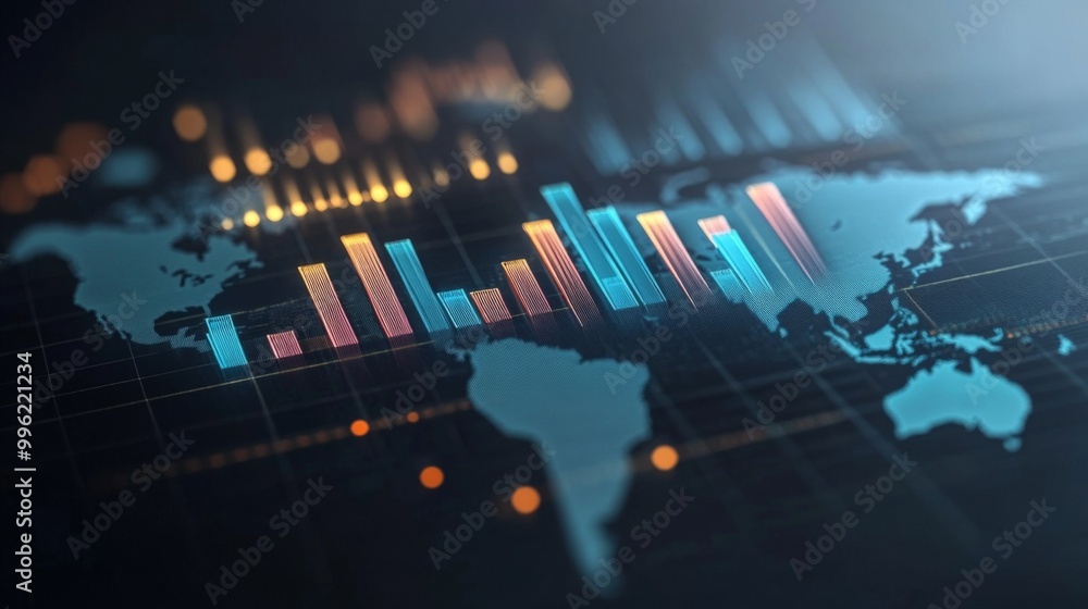 Fototapete a 3d bar graph floating above a world map, with different regions highlighted, showcasing global fin