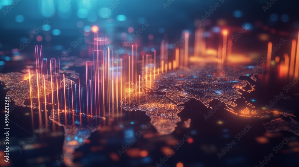 Fototapete a 3d bar graph floating above a world map, with different regions highlighted, showcasing global fin
