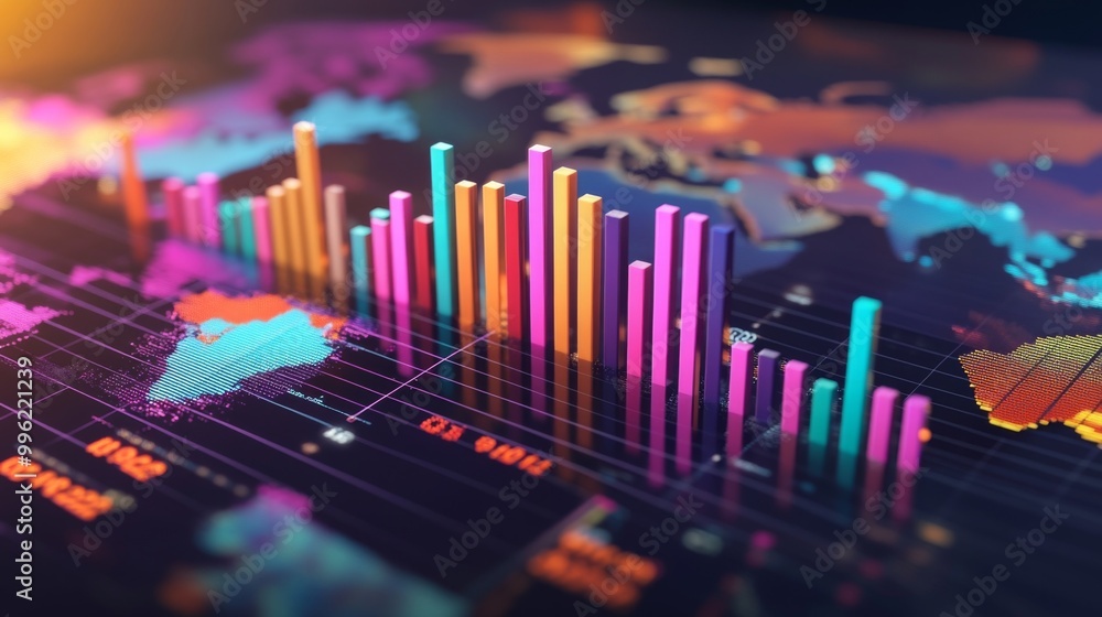 Poster A 3D bar graph floating above a world map, with different regions highlighted, showcasing global financial performance and trends, creating a sense of international business perspective.